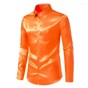 Men's Casual Shirts Blue Orange Red Black White Yellow Satin Silk Shirt Mens Party Wedding Long Sleeve Dress Nightclub Fashion Blouse