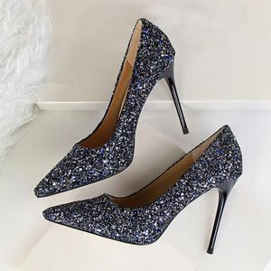 Dress Shoes Designer Women Luxury 2023 Glitter Prom Silver Blue Rose Gold Heels Stiletto Pumps Female Bridal Wedding Plus Size