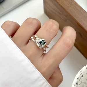 Personalized sweet and cool temperament double-layer bound peach heart green diamond ring women's fashionable and high-end feeling simple and versatile ring