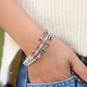 Bracelets de charme Amorcome Silver Color Square Charms Bracelet para mulheres elegantes contas coloridas de jóias por atacado