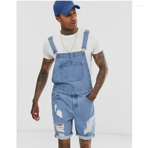 Herr jeans overall baggy män vintage hål fahhion rippade korta denim jumpsuits manlig casual gata sommarlastbyxor