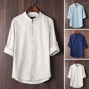 Męskie koszule męskie bawełniane lniane koszula vintage chiński styl trzy ćwierć rękawów stojak na obrożę letnią bluzkę luźne bluzki