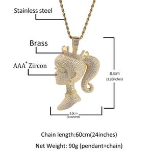 Hip Hop AAA CZ Stone Stone Bling Paved Iced Out Crown Barbie Queen Pendants Necklace for Men Women Unisex Rapper Gioielli Gift265W