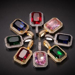 Iced Cubic Zirconia Pink Blue Green Red Square Stone Ruby Pendant Halsband för män Kvinnor Hip Hop Jewelry244y