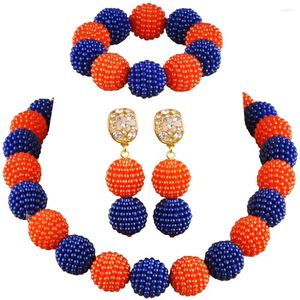 Necklace Earrings Set Costume Jewelry Royal Blue Orange African Beads Simulated Pearl