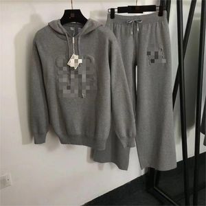 New knitting hooded broad leg pant set fashion simple temperament two-piece set