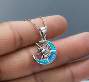 Women S925 Jewelry Blue Opal Unicorn Moon Pendant Necklace 925 Sterling Silver For Gift1823108