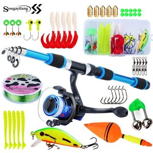 Sougayilang Kids Fishing Pole Set Full Kits with Telescopic Rod and Spinning Reel Baits Hooks Saltwater Travel 231225