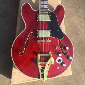 Custom Shop, hergestellt in China, E -Gitarre halbhöhle Körper transparent rote Farbe Tremolo System 6 Strings Gitarre, kostenloser Versand