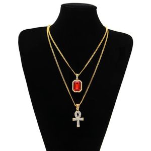 Ägyptischer Ankh Key of Life Bling Strasskreuz Anhänger mit rotes Rubin Anhänger Halskette Set Männer Hip Hop Jewelry290z