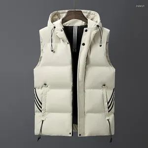 Men's Vests Drawstring Hooded Thick Pocket Solid Color Winter Fashion Trendy Striped Sleeveless Zipper Button Cardigan Coats