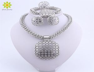 Dubai versilbertes Schmuckset für Damen, große Anhänger-Halskette, modische nigerianische Hochzeit, afrikanischer Kristall, Kostüm, Brautschmuck-Set 2206171572