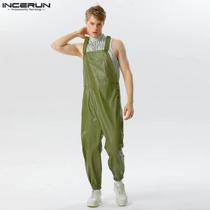 Men Jumpsuits Faux Leather Solid Sleeveless Streetwear Suspender Rompers Pockets Loose Fashion Casual Male Overalls INCERUN 231222