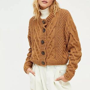 Women's Knits 2024 Autumn Women Crochet Button Cardigan Tops Casual Round Neck Long Sleeve Cable Knitwear Ladies Solid Cropped Sweater