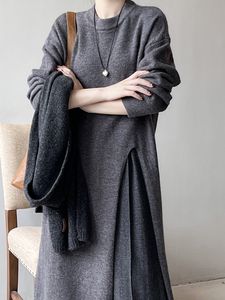 怠zyなスタイルのサイドスリット女性の冬のための長いウールのドレス新しい穏やかなニットスカート
