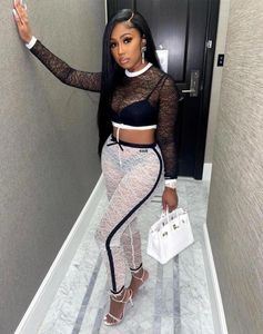 Women's Two Piece Pants RMSFE 2023 Autumn Women Sexy Lace Long Sleeve Round Neck Exposed Navel Fashion Solid Color Nightclub Set