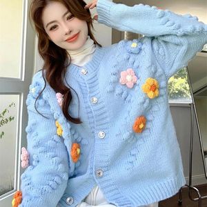 Damen Strick Gidyq 3d Blumengestricke Strickjacke Frauen Süße elegante adelige Langarmpullover koreanische Mode losen Freizeit O Halsmantel