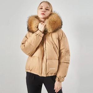 ジャケット2021ホットセール冬の暖かいジャケット本物のアライグマの毛皮の襟女性防水布地アヒルの羽毛サーマルショートダウンバブルコート