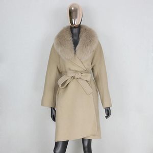 Jackets Furbelieve 2020 Casa -de -inverno real de pele real Loose de raposa natural colarinho de cashmere lã mistura roupas de rua externas