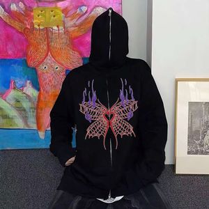 Gotik kelebek ceket moda sokak kıyafeti fermuar sweatshirt zipup uzun kollu sweatshirt kadın baskı kazak ceketleri