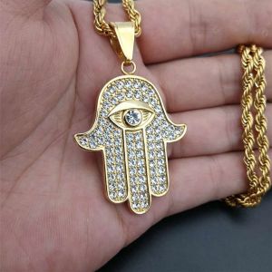 Hamsa Hand of Fatima Necklace Pendant Chain For Men Womens Golden Color 14k Yellow Gold Palm Necklaces Turkish Jewelry Gift