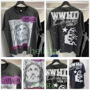 Mens T-shirts Hellstar Designer skjortor tvättade tyg graffiti bokstäver folie tryck mönster helvete kvinnor tvätt gata lös rund hals casual kort ärm EP EP