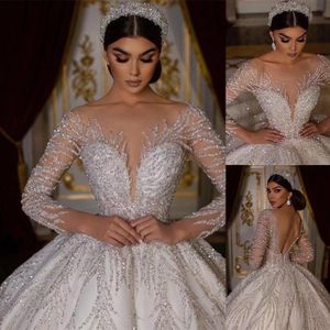 Impressionante princesa vestido de baile vestidos de casamento para mulheres mangas compridas luxo turco vestidos de noiva sem costas lantejoulas vestido de noiva 2024 cristais árabe brilhante vestido de casamento