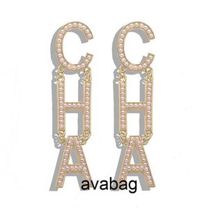 Popular fashion luxury designer exaggerated big Letter pearl CHA long drop dangle chandelier stud earrings for women gold silver D272S