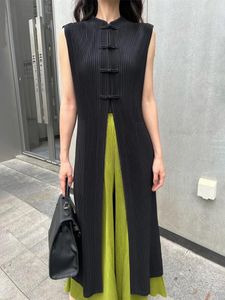 Casual Dresses Miyake Pleated Cardigan Sleeveless Dress Windbreaker Women 2023 Summer Korean Style Elegant Single Breasted Long Coat