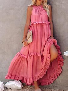 Sıradan elbiseler fitshinling fırfırlar kadınlar için uzun bohem vintage seksi kolsuz maxi elbise bir çizgi boho tatil vestidos femme