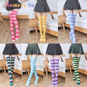 Women Socks 3 Pairs/Lot Stockings Cosplay Sexy Colorful Stripes Over Knee Cotton Lolita Slim Lady Girls Christmas Halloween Gift