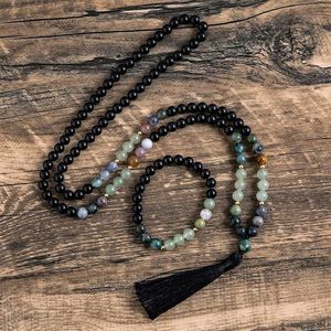 Anhänger-Halsketten, 8 mm, natürlicher grüner Aventurin, indischer Achat, schwarzer Onyx, Perlenkette, 108 Japa Mala, Meditation, Yoga, Segen, Schmuck, Armband-Set, L231225