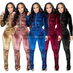 2024 Designer Velvet Tracksuits Fall Winter Women Sweatsuits Lång ärmjacka och staplade byxor Tvådelar Set Solid Outfits Casual Jogger Suits Sporswear