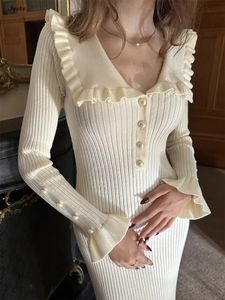 Elegant Ruffled Women Dress Long Pit Stripe Knit Dresses For Winter Autumn Retro Lapel Pearl Button Fall Fashion Vestidos Robes 231225