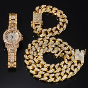 Hip Hop Bling Jóias Mens Colar Iced Out Diamond Miami Chain Chain Chain Gold Silver Watch Colares Bracelet Set248Q