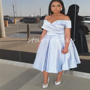 Light Blue Black Girls Prom Dress Off Shoulders Plus Size Knee Length Evening Dress 2024 Pleat Formal Cocktail Dance Party Gowns Sexy Women Special Occasson Dress