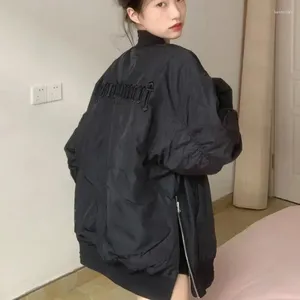 Women's Jackets Deeptown Vintage Black Bomber Jacket Women Gothic Oversize Korean Fashion Streetwear Japanese Y2k Embroidery Casual Coat