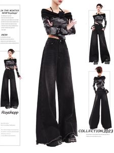 JRJL Gradient Black Baggy Jeans Women Fashion Vintage High Waisted Streetwear Straight Full Length Wide Leg 231225