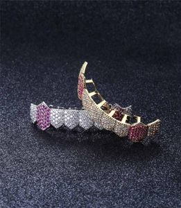 Gold Silver Color Hip Hop Iced Out Colorful CZ Mouth Teeth Grillz Caps Top Bottom Grill Men Women Vampire Grills Jewelry Gifts2989255