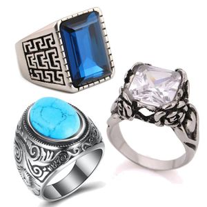 Rings Vintage Stainless Steel Antique Silver Color Turquoise Ring for Men Mens Big Filigree Black Red White Stones Finger Rings Band Hip