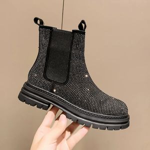 Woman Flat Boots Crystal Autumn Shoes Round Toe Chelsea Boots-Women Low Rhinestone Ladies Rock Lolita Rubber Ankle Basic S 231225