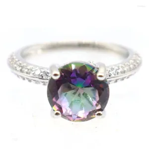 Cluster Rings 9x9mm Lovely Cute Round Shape Fire Rainbow Mystic Topaz White CZ Daily Wear Silver