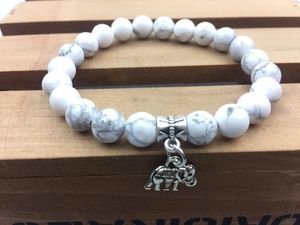 Bangle 8MM White Howlite Bracelet Round Bead Bracelet Natural Stone Elephant Pendant Elephant Bracelets Mala Beads Yoga Meditation