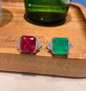 Oevas 100 925 Sterling Silver 1212mm Square Synthetic Emerald Ruby High Carbon Diamond Rings for Women Party Fine Jewelry Gift Y9939724