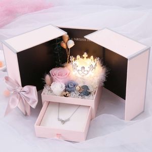 Valentine's Day Creative Rose Finished Necklace, Lipstick, Eternal Flower Gift Box for Girlfriend 13cm*13cm*17cm