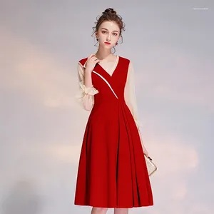 Ethnic Clothing Wine Red Vintage Dress Sexy Lace Sleeve V-Neck Engagement Fashion Daily Wedding Toast French Cocktail Dresses