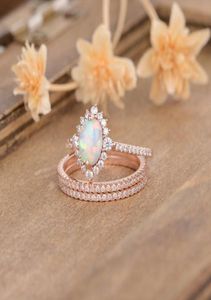 3 Fashion 14K Rose Gold Natural White Opal Rings Diamond Halo Eternity Jewelry Lady Bride Engagement Wedding Ring Set Size 5121614140