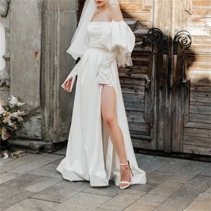 2 in 1 Modern Satin Bride Dresses Simple Short Wedding Dress With Detachable Train Strapless Off The Shoulder Puff Sleeves Bridal Gown