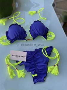 Bikinis set sexig blå bikini 2023 Nya bikinis feminino baddräkt solid bikini set flätat rep badkläder kvinnor baddräkt lapptäcke biquinisl231225