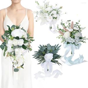 Dekoratif Çiçekler Yan Beyaz Bahar Düğün Buketleri Gelin Nedime Yapay Gül Gelin Buket Ülke Boho Dekorasyon